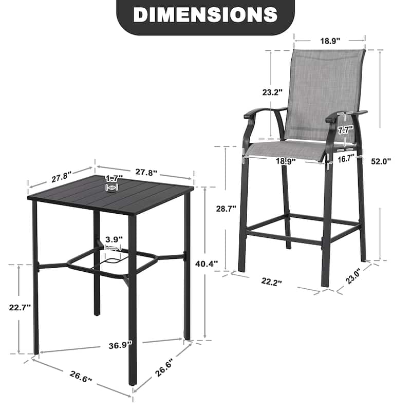 Outdoor 3-Piece Textilene Bar Set, Height Back Bar Stools and Umbrella Hole, Black and Gray