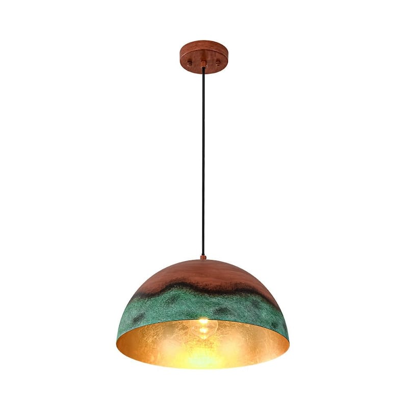 Weathered Copper Metal Oversized Dome Pendant Green Patina Accent