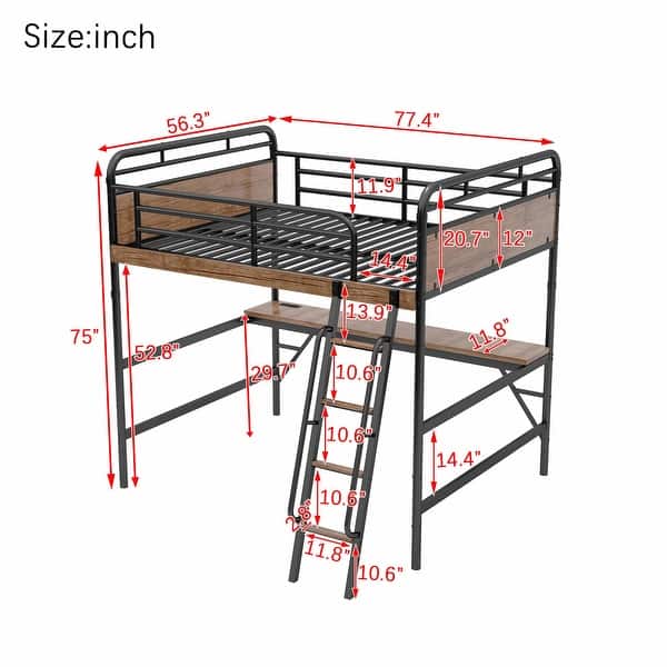 Full Size Metal Loft Bed with Desk, LED Light, and Charge Station