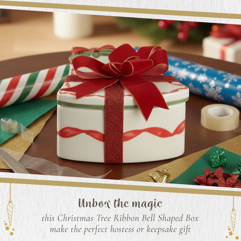 Spode Christmas Tree Ribbon Bell Shaped Box - 2" H x 5.3" L