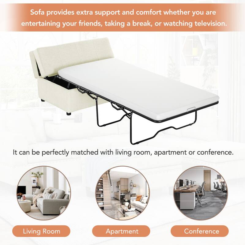 Twin Size Folding Ottoman Sleeper Bed with Mattress, White, Chenille