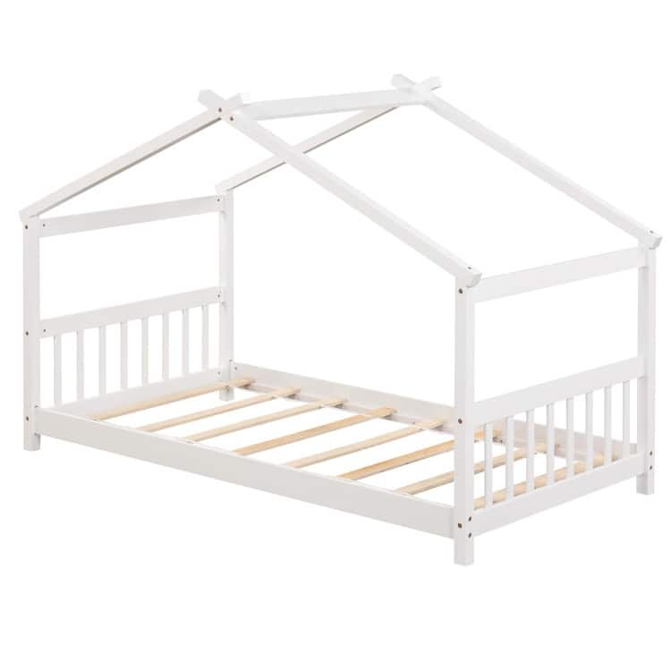 Twin House Bed Frame for Kids with Roof Design and Wood Slat Support