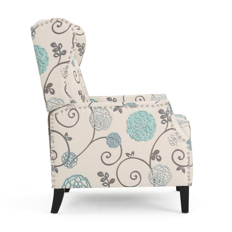Pushback Recliner Chair, Modern Fabric Wingback Armchair with Nailhead Trim and Wood Legs, Classic Living Room Chair
