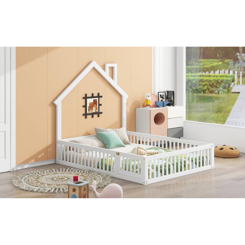 Full Size House Platform Bed with Guardrail, White