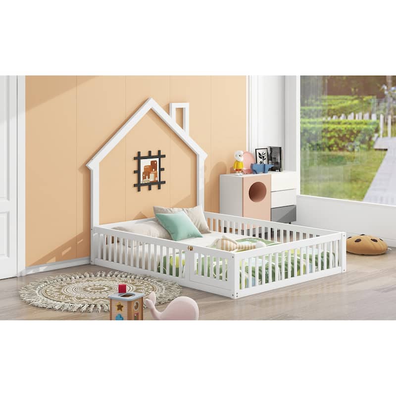 Full Size Solid Wood House Platform Bed with Guardrail