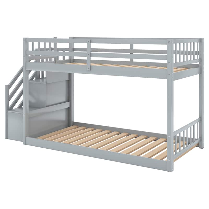 Twin over Twin Bunk Bed Floor Bed with Ladder with Storage