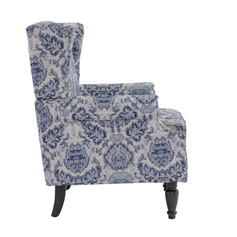 Traditional Floral Patterned Wingback Armchair with Nailhead Trim