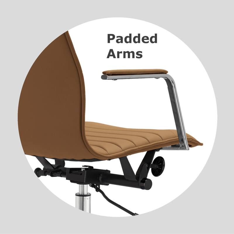 Set of 2 Modern Office Chairs | Upholstered PU Leather Ribbed Mid Back with Metal Frame | Adjustable Height, Tilt Lock