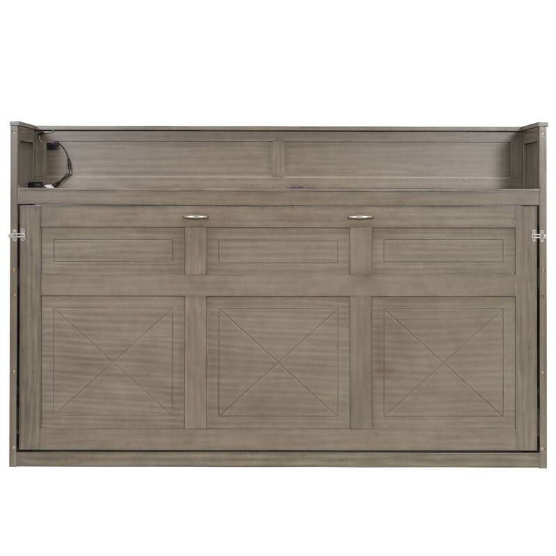 Twin XL Size Murphy Bed Wall Bed with Desk and LED Light, Solid Wood Foldable Murphy Cabinet Bed with USB Charging Station