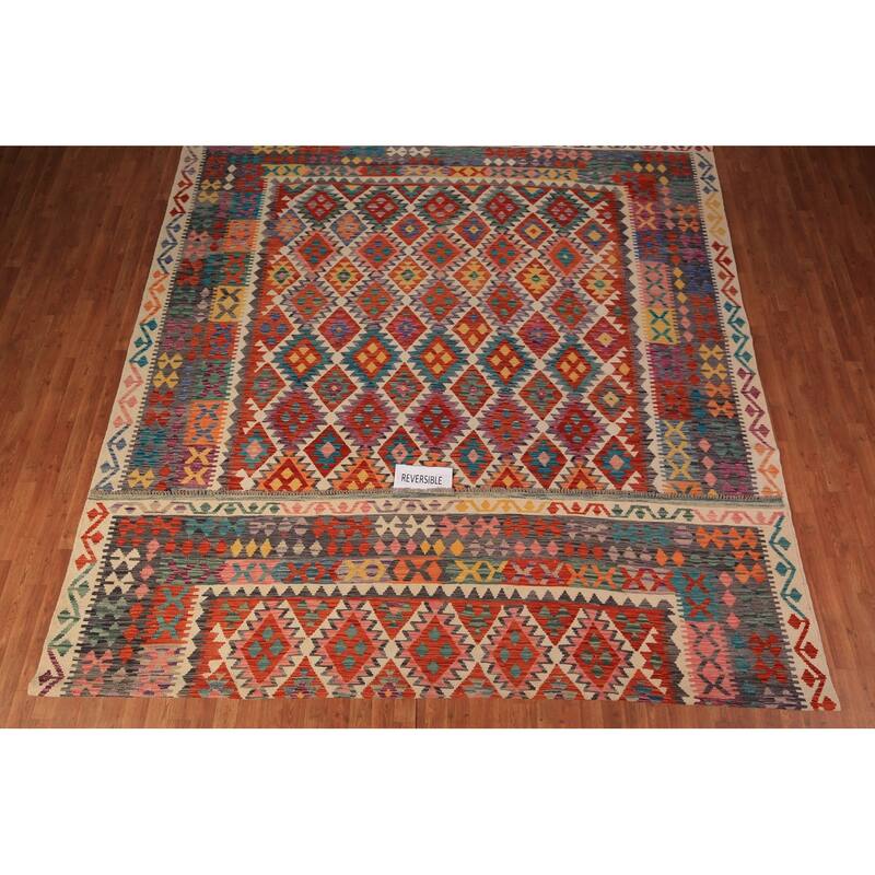 South Western Kilim Oriental Area Rug Flatweave Geometric Wool Carpet - 10'2" x 13'4"