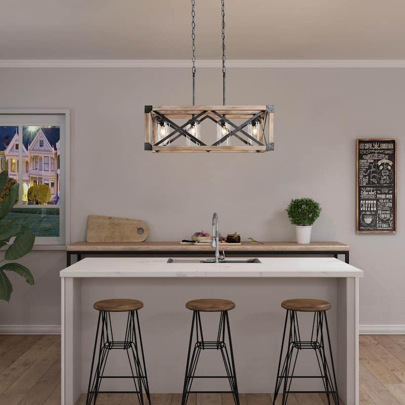 Modern Farmhouse 4-Light Wood Cage Chandelier Glass Shade Kitchen Island Lights - Taupe - L27.5"xW10"xH80.5"