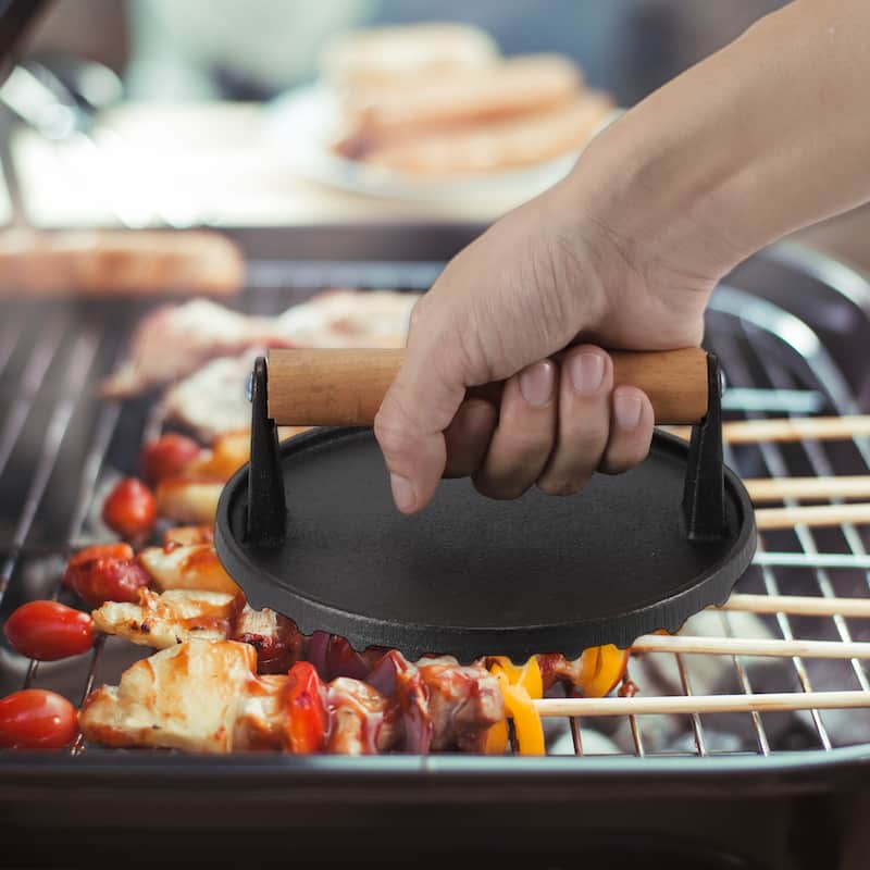 Round Burger Press, Cast Iron Smash Bacon Press Meat Steak with Wood Handle for Griddle Sandwich Nonstick Pan, Black