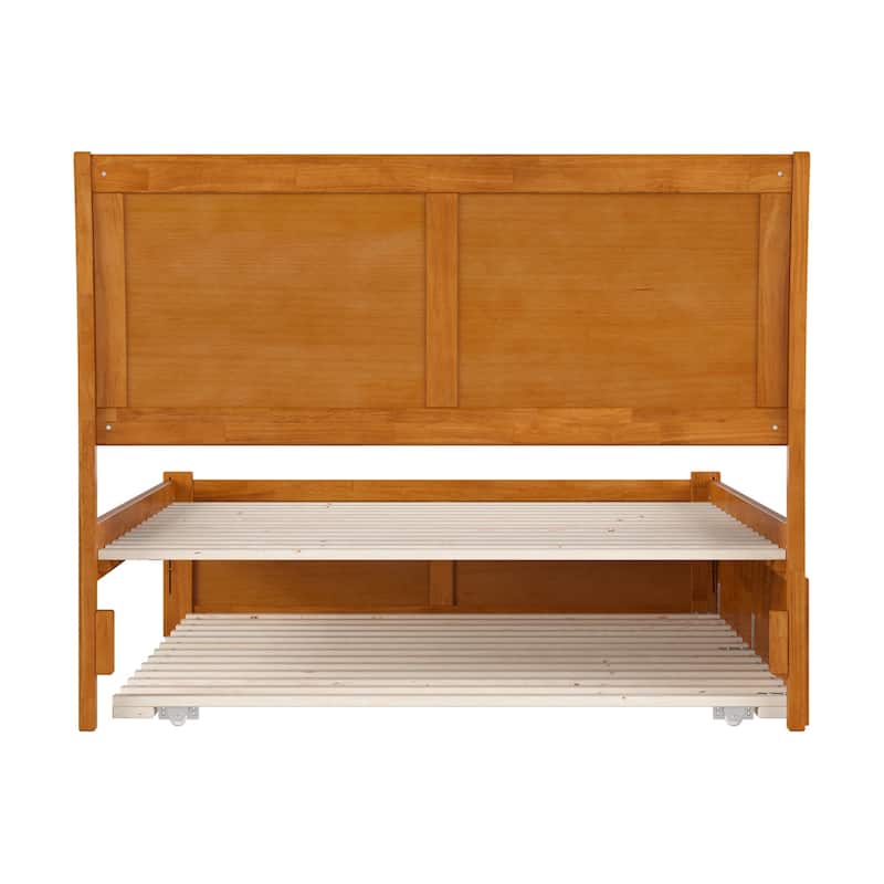 Solid Wood Platform Bed with Trundle - Full Size Bed Frame & Footboard - Light Toffee Finish