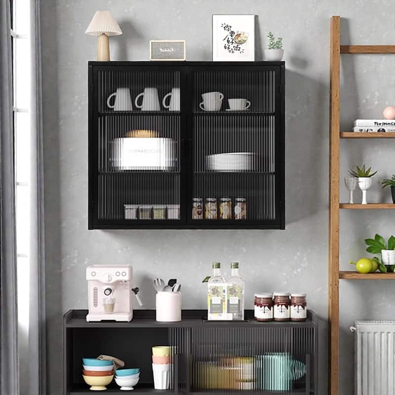 27.56" Modern Wall Cabinet with Glass Doors, 3-Tier Storage, Iron and Tempered Glass Hanging Cabinet for Bathroom and Entryway - Black