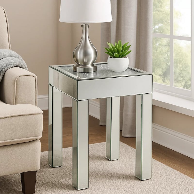 End Table with Faux Acrylic Diamond Top and Block Legs, Silver