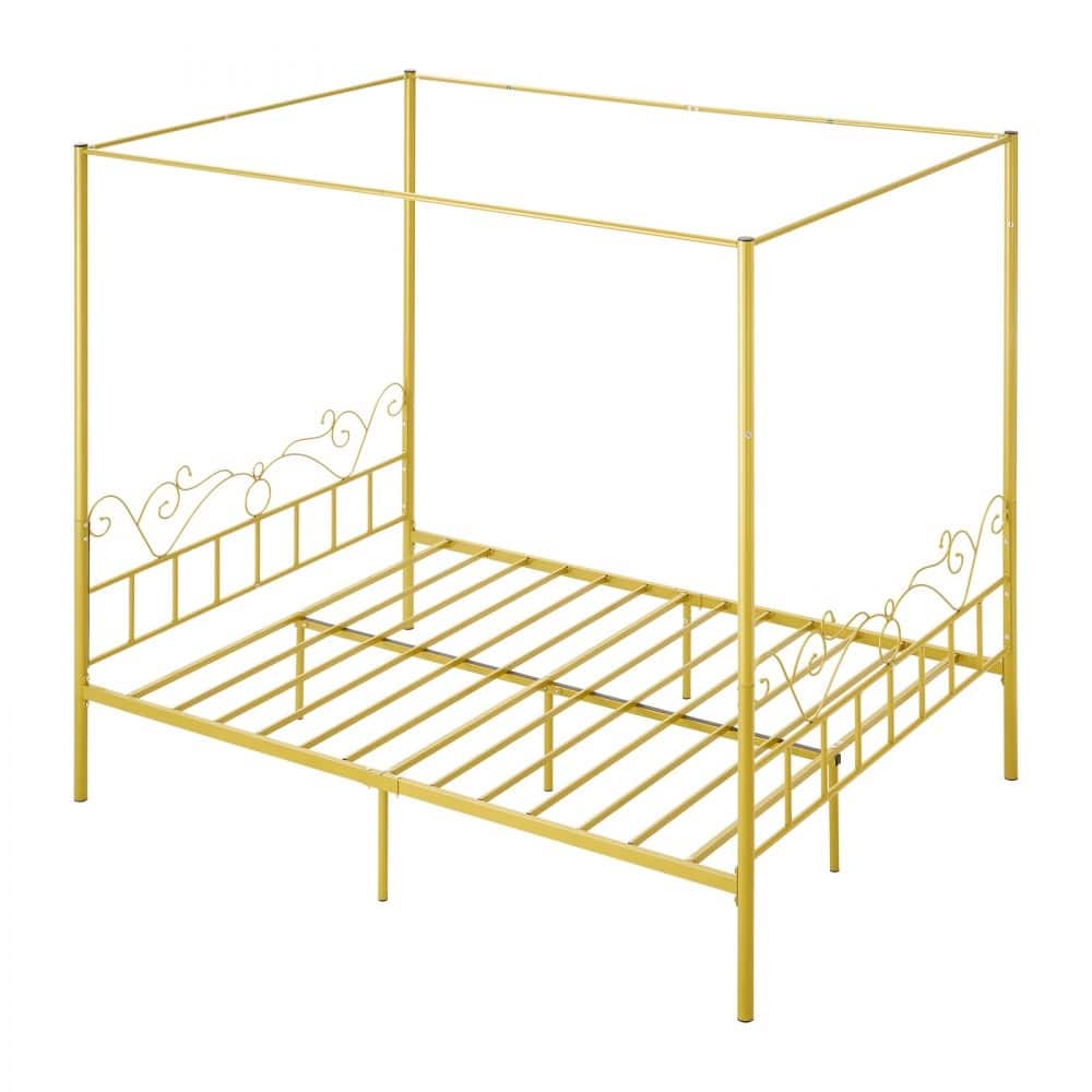 Gold Metal Queen Canopy Bed with Storage, Quiet Design and DIY Rails