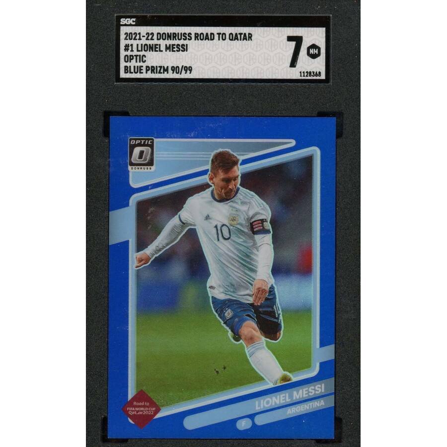 Lionel Messi 2021-22 Donruss Optic Road to Qatar Blue Prizm Card #1 SGC 7 90/99 - 8'6" x 11'6"