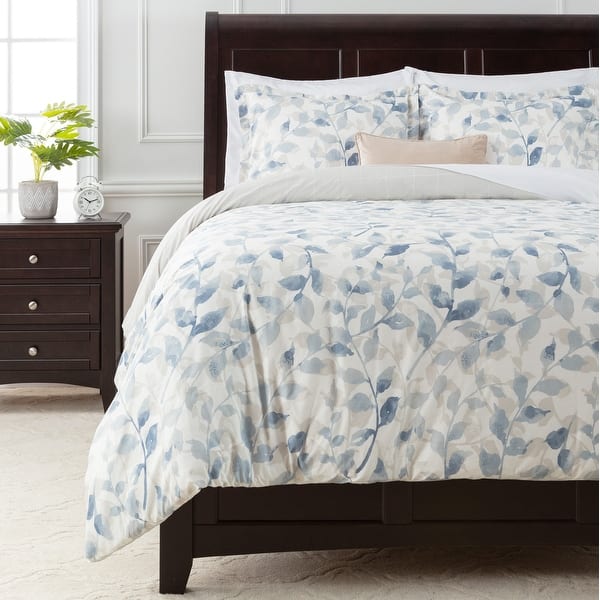 slide 2 of 8, Chanasya Botanical Layered Leaf Ultra Soft Duvet Cover Set Leaf Blue Taupe - Full - Queen