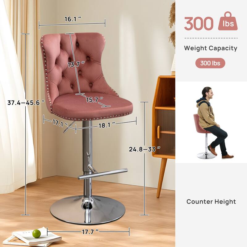 Velvet Adjustable Swivel Counter Height Barstools Set of 6