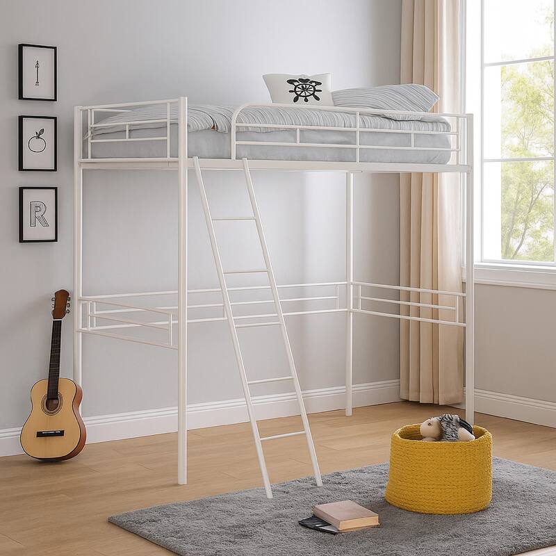 Mylz Twin Loft Bed, 61 Inch, White Metal Frame, Attached Angled Ladder