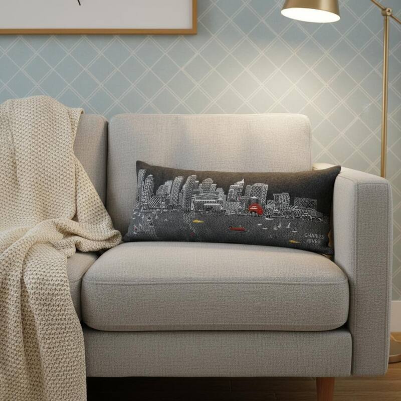 HomeRoots 14" X 35" Dark Gray And White Boston Night Skyline Lumbar Decorative Pillow