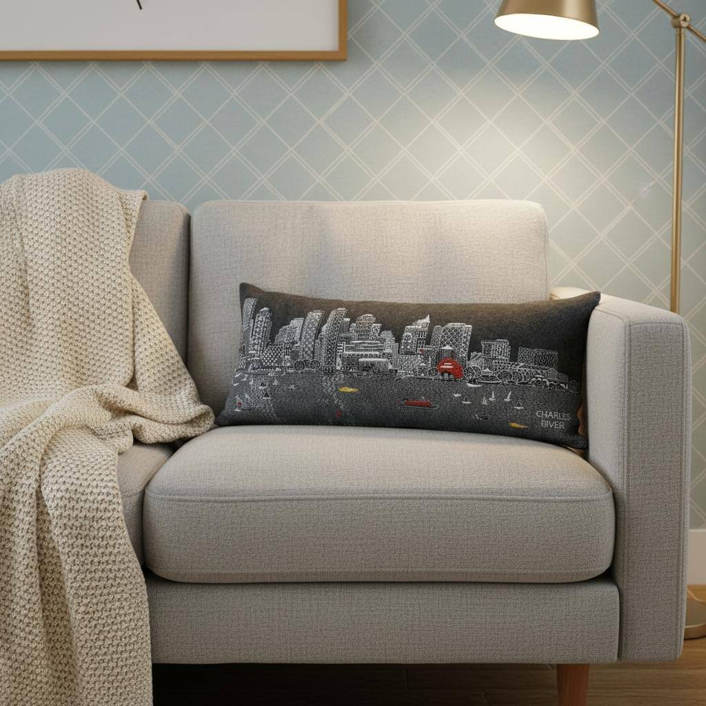HomeRoots 14" X 35" Dark Gray And White Boston Night Skyline Lumbar Decorative Pillow