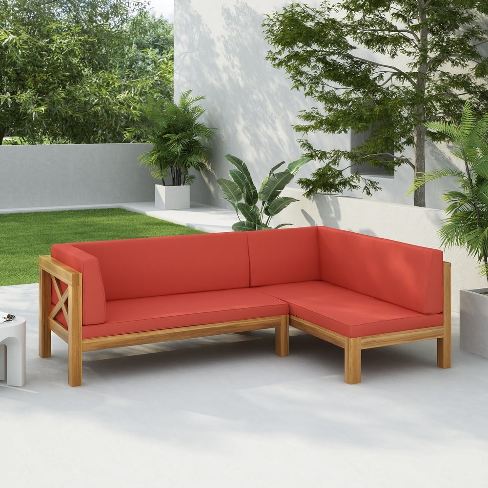 Brava Outdoor Acacia Wood X-Back Patio Sectional Sofa by Christopher Knight Home