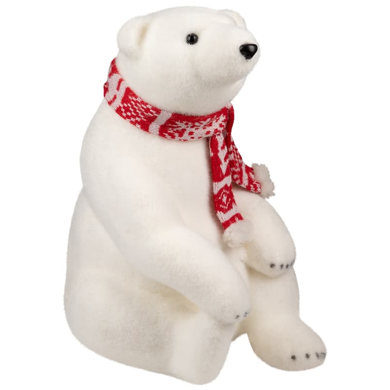Sitting Polar Bear with Scarf Christmas Figure - 12.25" - White and Red