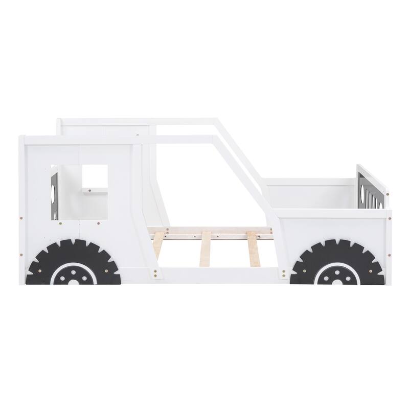 Classic White Twin-Size Car-Shaped Platform Bed with Decorative Wheels