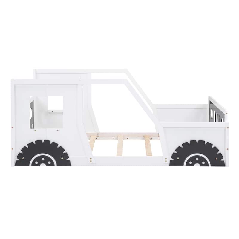 Twin Pine Wood Car-Shaped Floor Bed with Doors