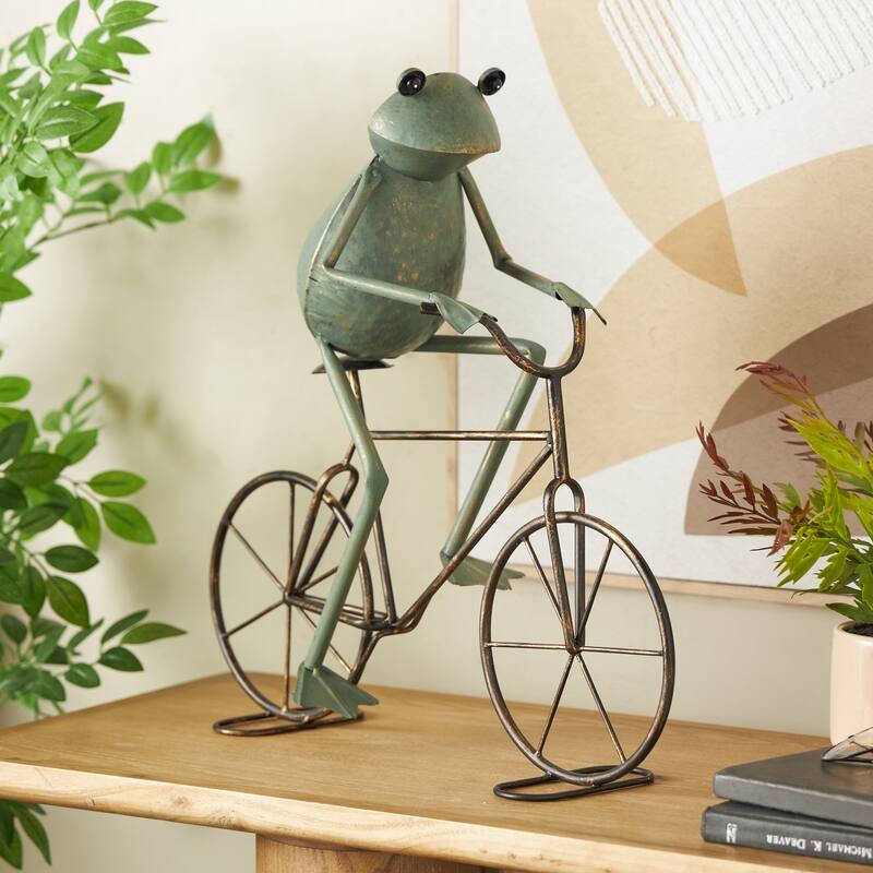 Copper or Green Metal On Bicycle Frog Decorative Garden Sculpture with Gold Accents - Green