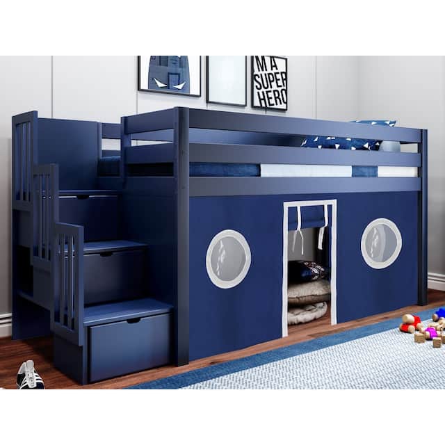 JACKPOT Contemporary Low Loft Twin Bed with Stairway and Tent - Blue with Blue & White Tent