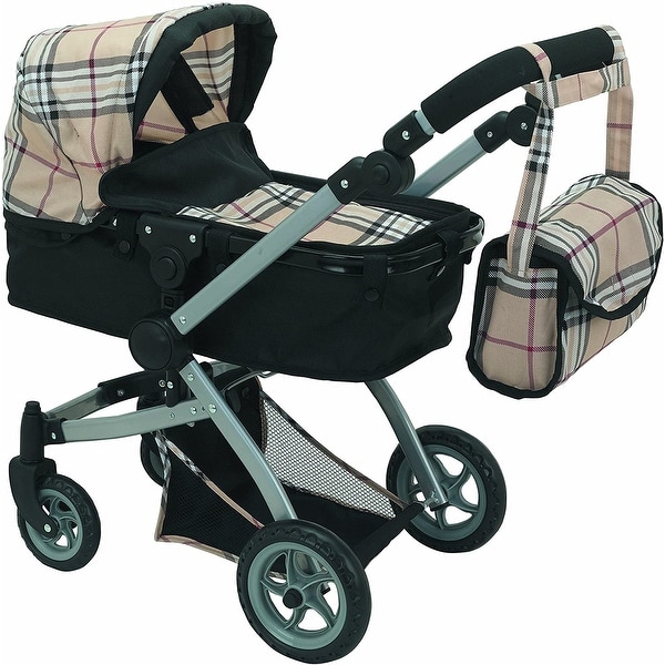 Babyboo Deluxe Doll Pram Color Beige Plaid with Swiveling Wheels & Adjustable Handle and Free Carriage Bag - 9651B Beige Plaid