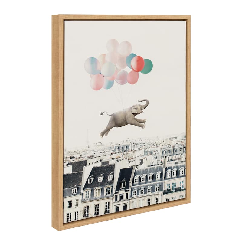 Kate and Laurel Sylvie Happy Elephant in Paris Framed Canvas by July Art Prints - 18x24 - Natural