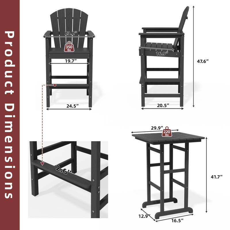3-Piece HDPE Outdoor Patio Bar Table and Chiar Set, 2 Bar Stools & A Bar Table