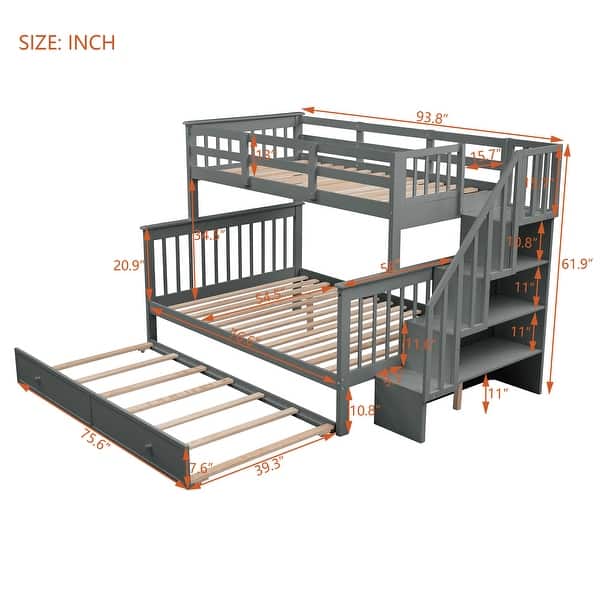 Grey Twin-Over-Full Bunk Bed with Storage Stairs & Trundle聽