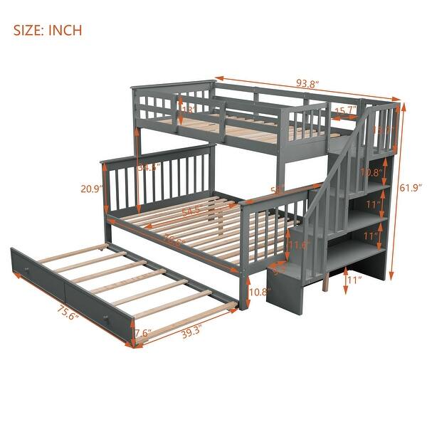 Twin over Full Bunk Bed with Trundle, Maximized Storage Space, Grey