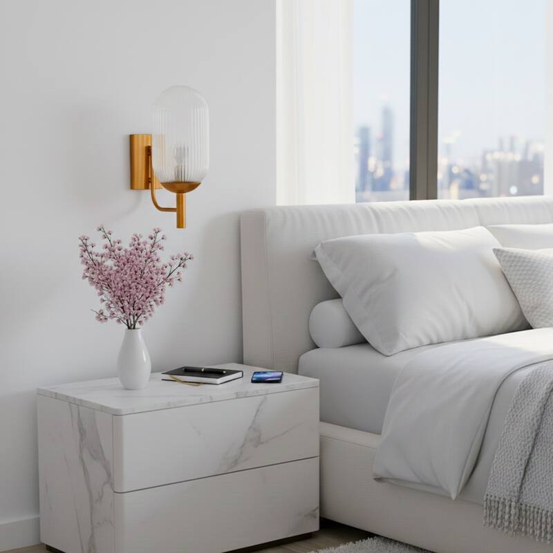 Sunny Ribbed Glass Wall Sconce with Brushed Bronze Base