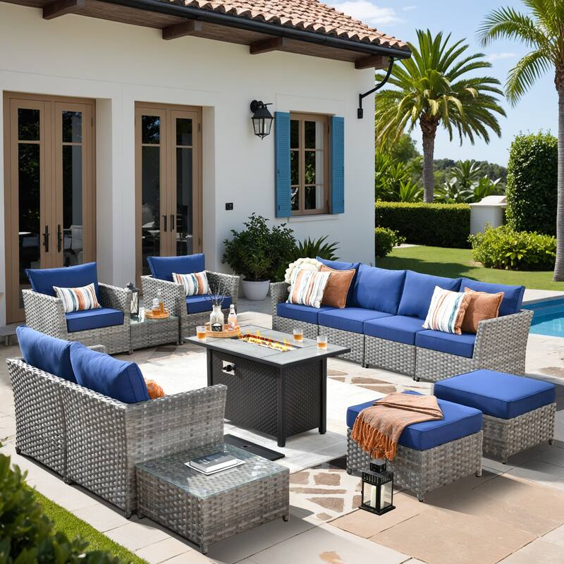XIZZI 13-piece Outdoor Patio Wicker Furniture Set with Fire Table - Navy Blue