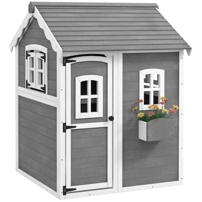 Gray Wooden Kids Outdoor Playhouse with Six Windows Plant Box and Floor for Backyard Fun Ages 3 to 8