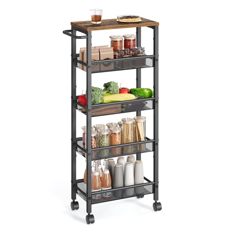 Slim Rolling Cart, 5-Tier Storage Cart, Narrow Cart with Handle, 8.7 Inches Deep, Metal Frame, for Kitchen, Dining Room - Brown