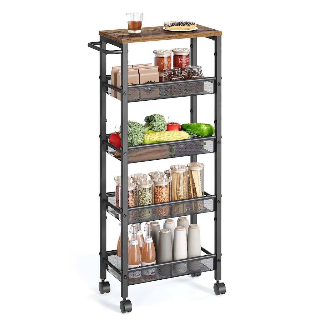 Slim Rolling Cart, 5-Tier Storage Cart, Narrow Cart with Handle, 8.7 Inches Deep, Metal Frame, for Kitchen, Dining Room