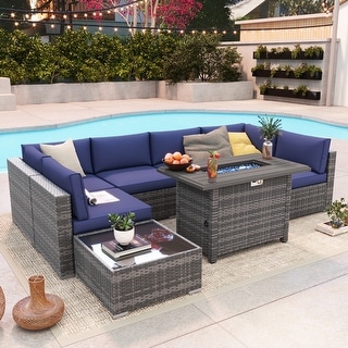 Outdoor 8 Pieces Sectional Wicker Sofa Set with Fire Pit