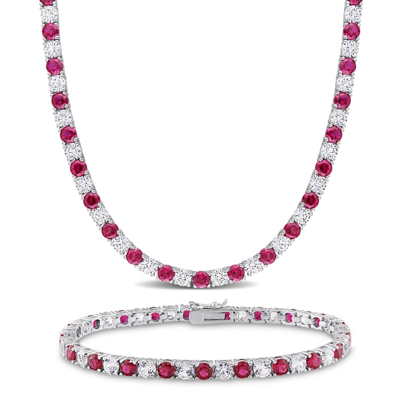 Miadora 47 1/2ct TGW Created Ruby and White Sapphire Tennis Necklace and Bracelet Set Sterling Silver