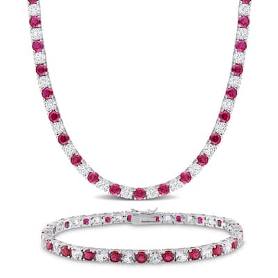 Miadora 47 1/2ct TGW Created Ruby and White Sapphire Tennis Necklace and Bracelet Set Sterling Silver