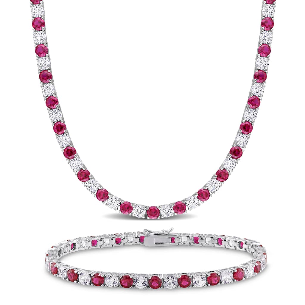 Miadora 47 1/2ct TGW Created Ruby and White Sapphire Tennis Necklace and Bracelet Set Sterling Silver