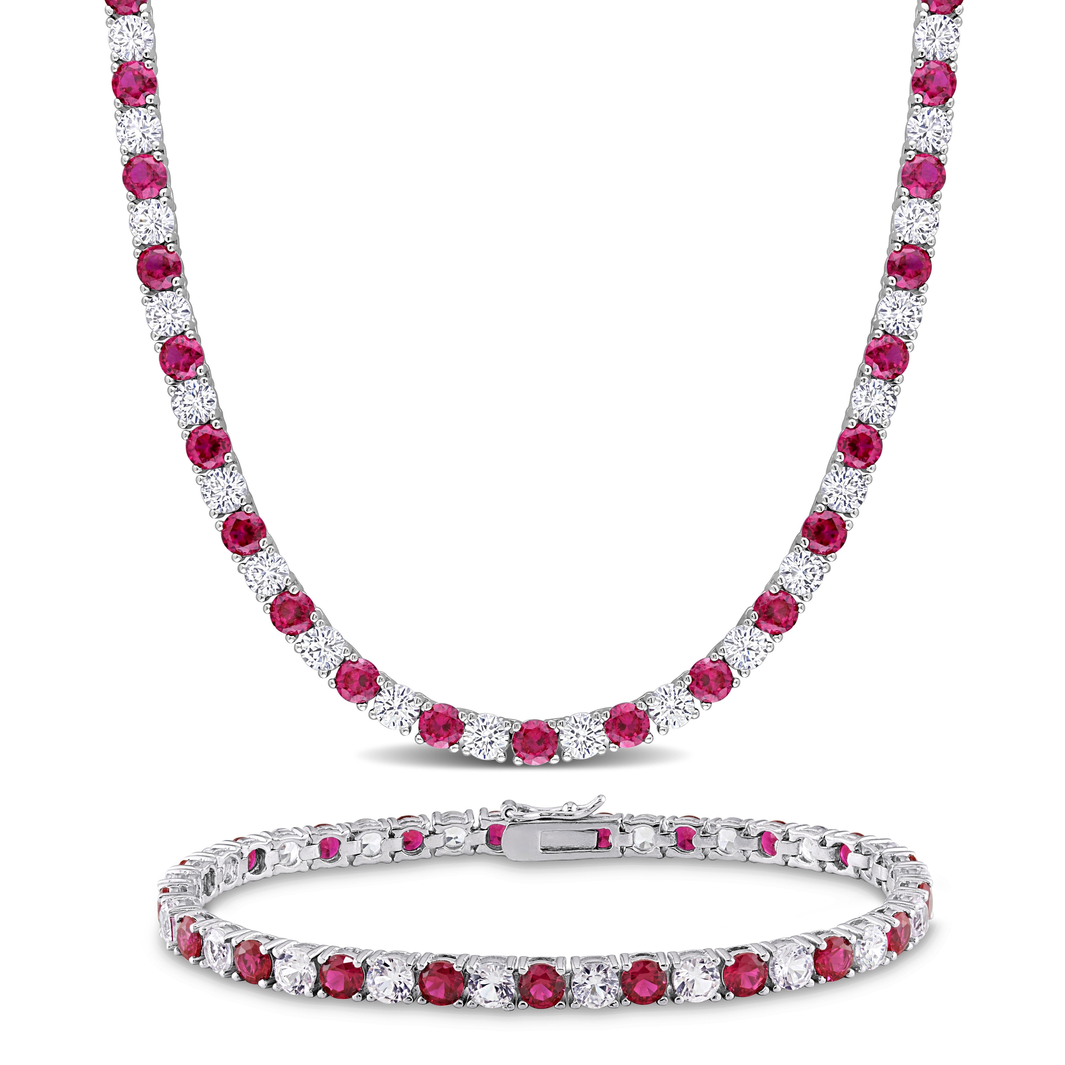 Miadora 47 1/2ct TGW Created Ruby and White Sapphire Tennis Necklace and Bracelet Set Sterling Silver