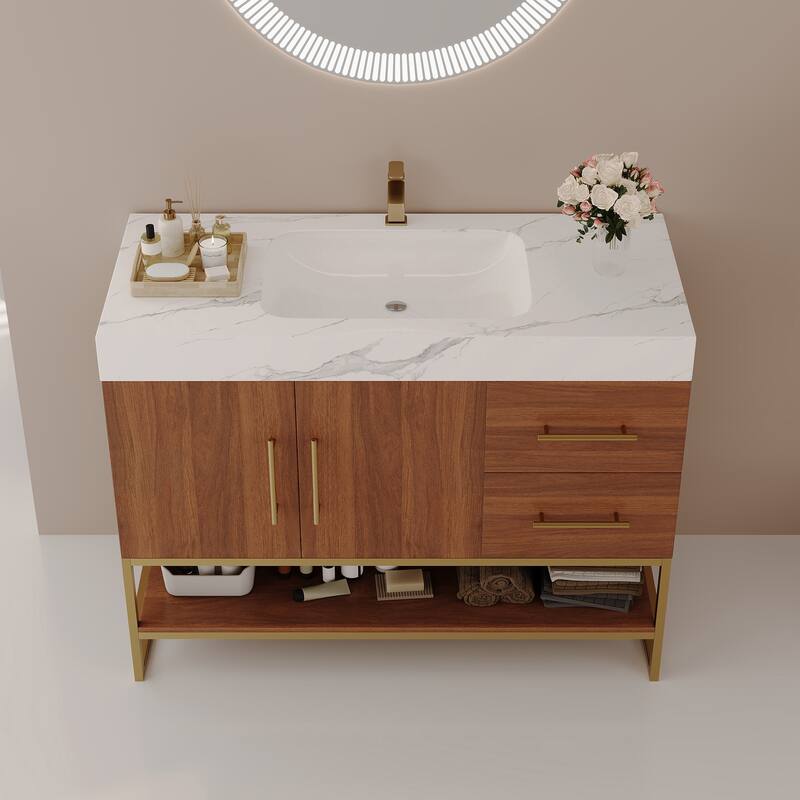 36" Modern Bathroom Vanity with Seamless Ceramic Sink & Gold Accent Free Standing Cabinet