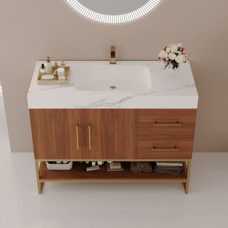 GDFStudio - Luxury 36" Freestanding Sintered Stone Bathroom Vanity with Seamless Ceramic Sink, Open Storage & Soft-Close Drawers