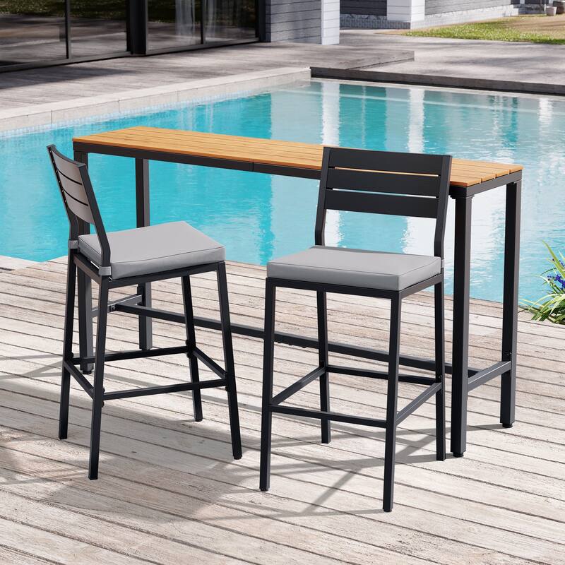 3-Piece Outdoor Bar Stools Set Rectangle Bar Table and Barstools with Cushion
